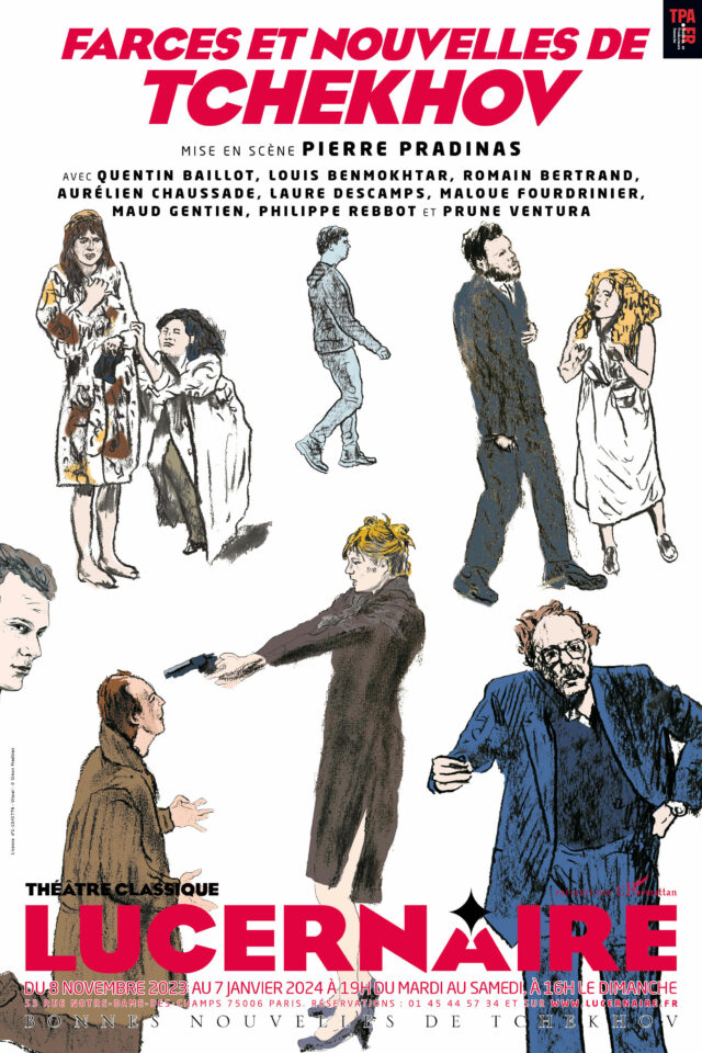 Affiche. Théâtre Lucernaire, Paris. Farces - une demande en mariage, l|ours, les méfaits du tabac | Nouvelles - un drame, la mort d|un fonctionnaire. 2023-11-08